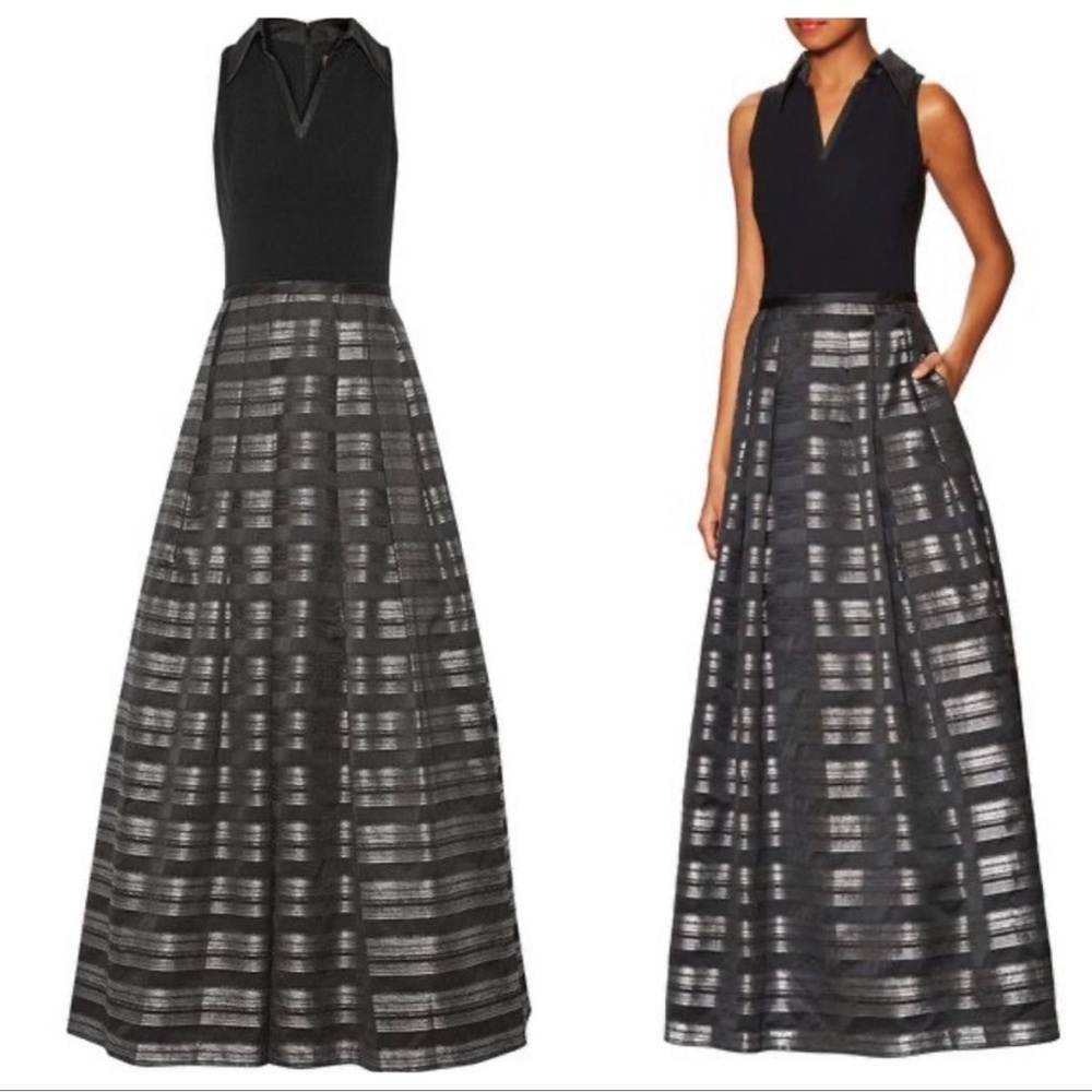 Theia Stripe Jacquard Full Ball Gown Sz 14 Black Silver Maxi Dress Event Gala